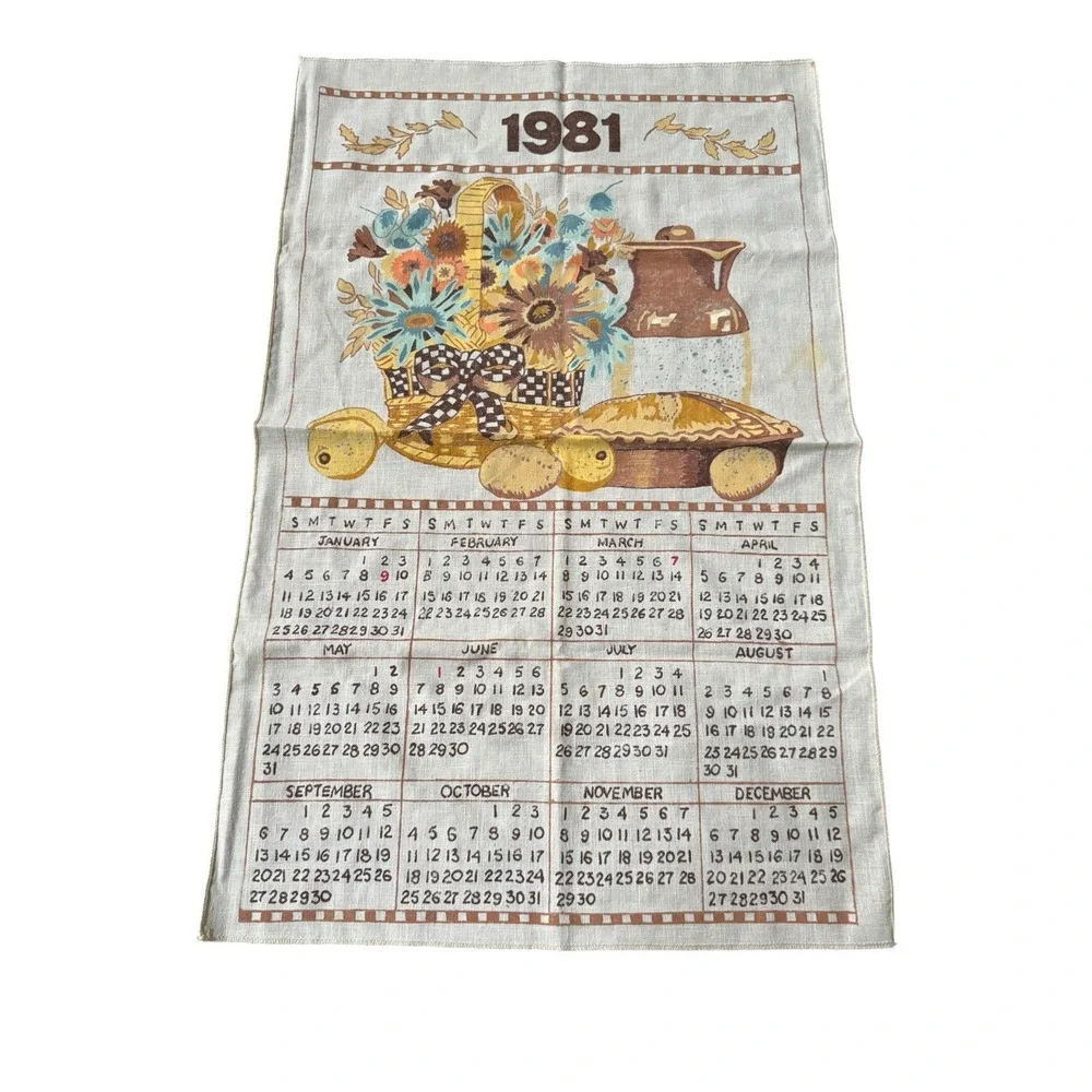 VTG 1981 Linen Tea Towel Calendar Floral Basket Pie Country Kitchen Decor Cabin